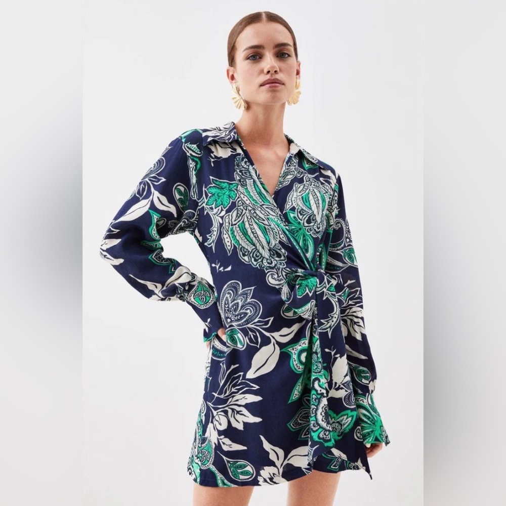 Karen Millen Batik Asymmetrical Wrap Mini Dress UK/US2 Green & Navy RRP £199 NWT